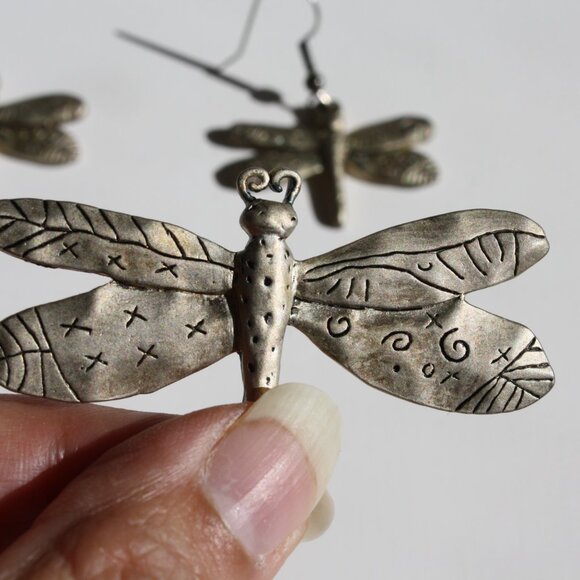 Vintage Dragonfly Set Earrings and Pendant or Brooch Pewter Summer… - Picture 3 of 4
